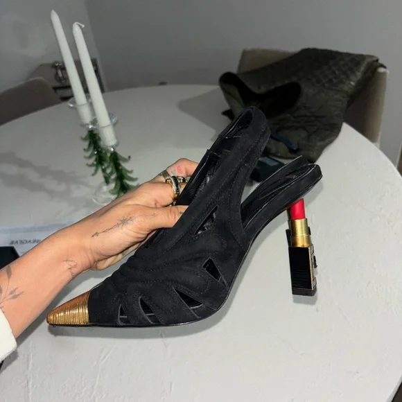 Balmain Black and Gold Cutout Slingback Heels - Picture 7 of 8